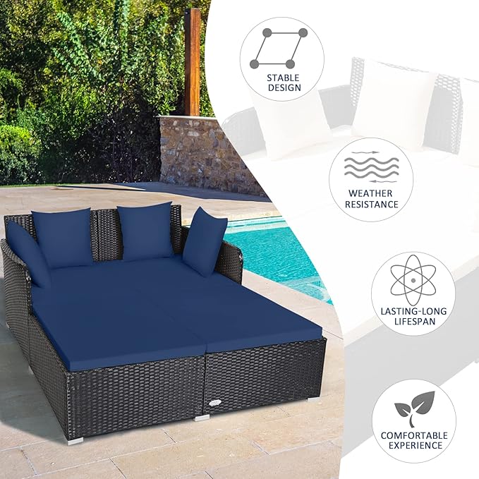 Tangkula Outdoor Rattan Daybed, Sunbed Wicker Furniture w/Spacious Seat, Upholstered Cushion & High-Resilience Sponge - Photo 7