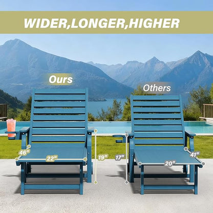 5-Position Adjustable Patio Chaise Lounge - 78'' HDPE Outdoor Lounger with Rolling Wheels & Cup Holder, Longer, Wider, Higher - Perfect for Poolside & Deck, Navy