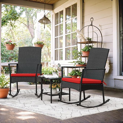 Flamaker Rocking Chair Outdoor PE Rattan Patio Chairs with Glass Table High Back Porch Rocker for Balcony, Garden, Backyard (Red)