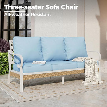 Metal Patio Sofa with 5.75" Extra Thick Cushion, 3-Seater Deep Seating & High-Back White Frame Outdoor Couch All Weather Outdoor Seating Furniture for Deck Gazebo Porch, Blue