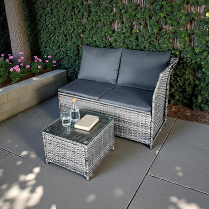 GIANGSUNNY 3 Patio Furniture Set with Storage, Outdoor Sectional Wicker Rattan Conversation Set with Loveseat & Glass Coffee Table, All-Weather Patio Seating (Grey, 3Pcs Set with Storage)
