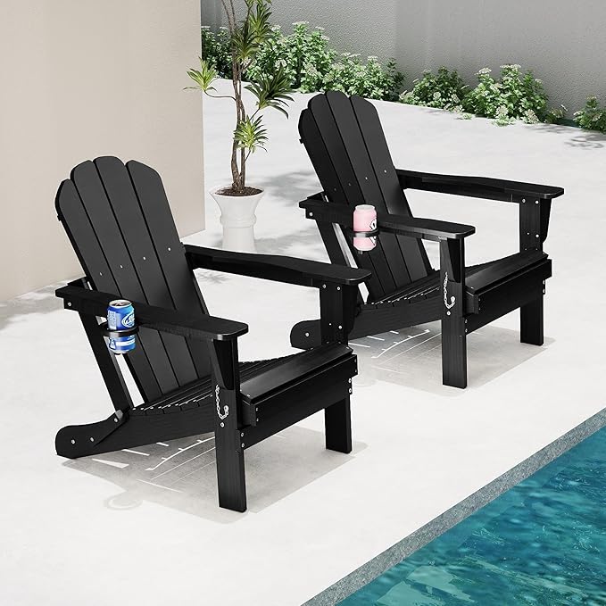 Domi Folding Adirondack Chair Set of 2, HDPE All-Weather Adirondack Chairs with Cup Holder, Outdoor Plastic Fire Pit Chairs Wood Texture for Poolside, Patio, Backyard, Deck (Black)