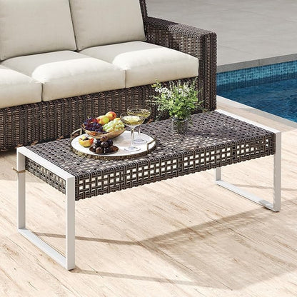 RELAX4LIFE Wicker Outdoor Ottoman Footstool - Rattan Patio Foot Rest for 2 w/Soft Cushion & Metal Frame, Multipurpose Coffee Table, 43’’ Seating Bench, Foot Stool for Garden Porch Backyard (1)
