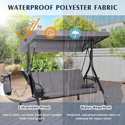 Grepatio 3-Seat Outdoor Porch Swing with Adjustable Canopy, 3 Person Convertible Porch Swing Bed with Stand, Heavy Duty Patio Swing with Cup Holder and Pillows, Cushion for Garden, Poolside (Grey)