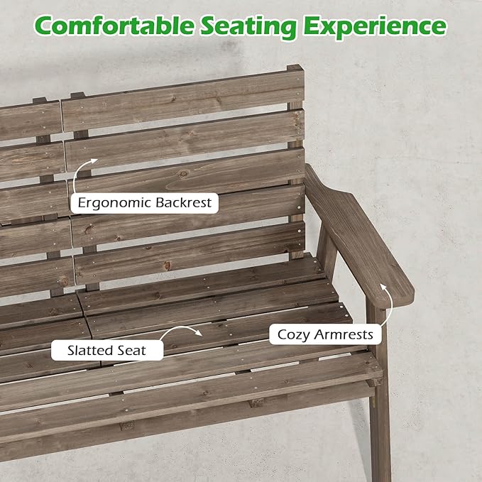 HAPPYGRILL Outdoor Fir Wood Bench with Foldable Middle Table, 2-3 Person Patio Garden Bench with Armrests and Backrests, Wooden Loveseat Chair with 710lbs Capacity (Coffee)