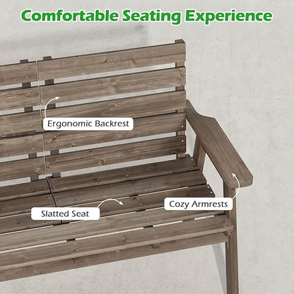 HAPPYGRILL Outdoor Fir Wood Bench with Foldable Middle Table, 2-3 Person Patio Garden Bench with Armrests and Backrests, Wooden Loveseat Chair with 710lbs Capacity (Coffee)