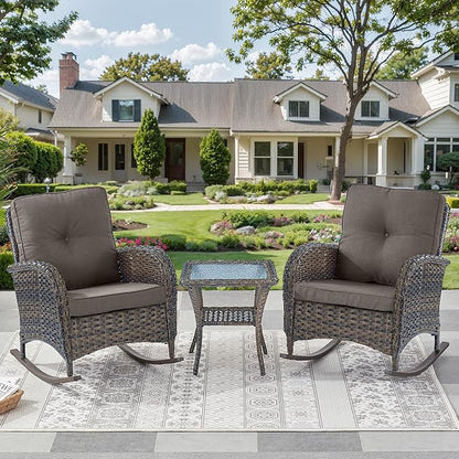 Outdoor Rocking Chairs Set of 2-Patio Table and Chairs Set Outdoor Conversation Furniture Sets for Deck Porch Garden Balcony Poolside-Brown/Grey