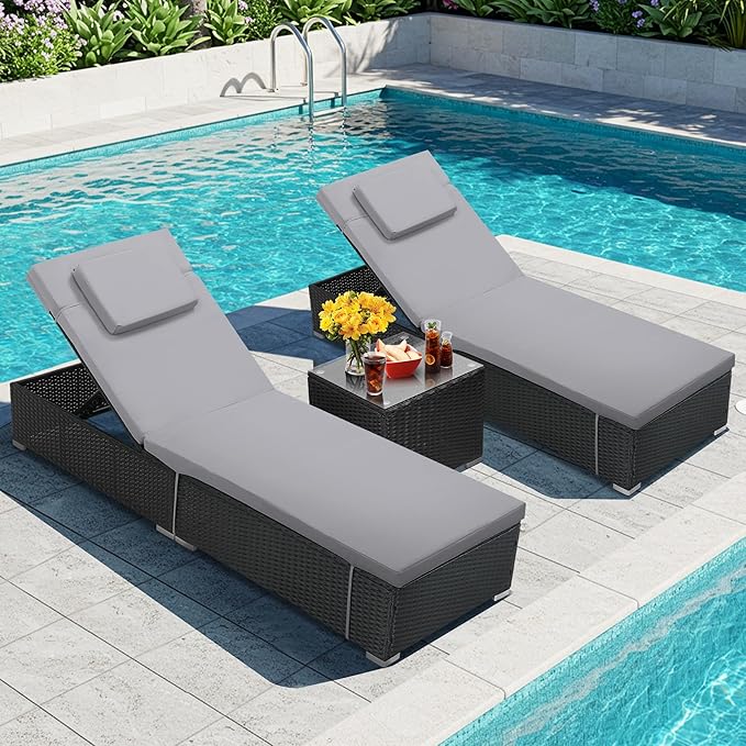Outdoor Chaise Lounge Chairs, All-Weather Wicker Pool Lounge Chair Set of 2 with Side Table - Photo 1