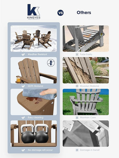 KINGYES Folding Adirondack Chair Set of 8, HDPE All-Weather Patio Chairs with Cup Holder, Wooden Textured Fire Pit Chairs for Poolside, Backyard, Deck, Brown