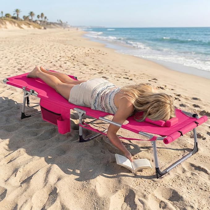 Goplus Tanning Chair with Face Arm Holes, Portable Sunbathing Chair w/4-Level Backrest, Head Pillow - Photo 2