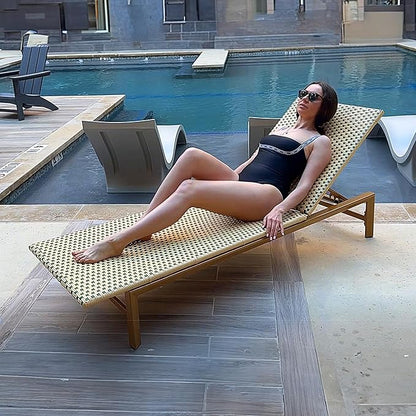 PURPLE LEAF Patio Chaise Lounge French Outdoor Lounger 1 Piece Wood-Grain Finish Aluminum Wicker Lounge Chair with Adjustable Backrest for Pool Garden Beach and Backyard Beige and Green