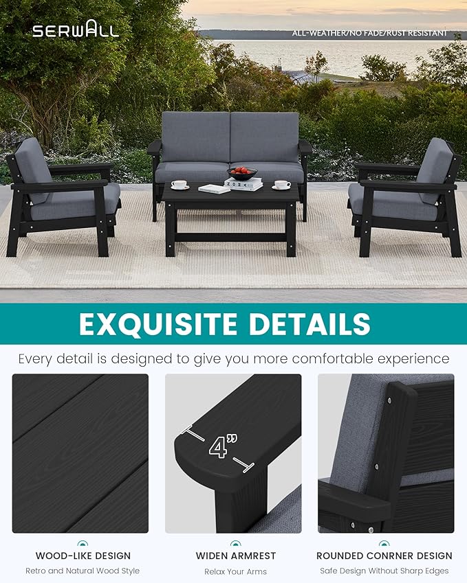 SERWALL HDPE Patio Furniture Set with 15FT Double Side Patio Umbrella - Photo 4