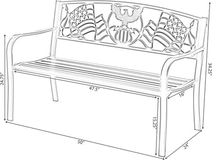 Steel Outdoor Patio Garden Park Seating Bench with Cast Iron Patriotic American Flag and Eagle Backrest, Front Porch Yard Bench Lawn Decor