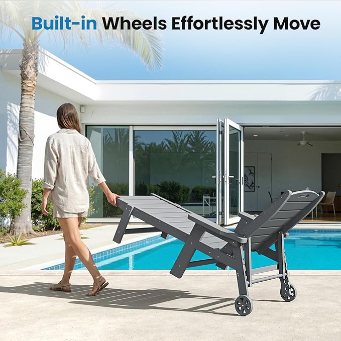UDPATIO Outdoor Chaise Lounge Chair, HDPE Patio Lounge Chairs for Outside with Wheels & Cup Holder, Reclining Seating with 5 Position for Poolside Deck Garden Indoor,Grey,1PC