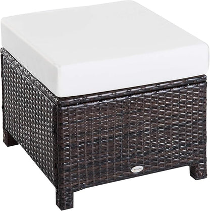 Outsunny 20" Patio Wicker Ottoman, Multipurpose Outdoor PE Rattan Footrest, Additional Seating, Side Table with Soft Cushion, Dark Brown, Cream White