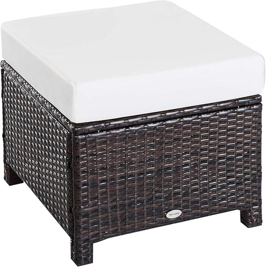 Outsunny 20" Patio Wicker Ottoman, Multipurpose Outdoor PE Rattan Footrest, Additional Seating, Side Table with Soft Cushion, Dark Brown, Cream White
