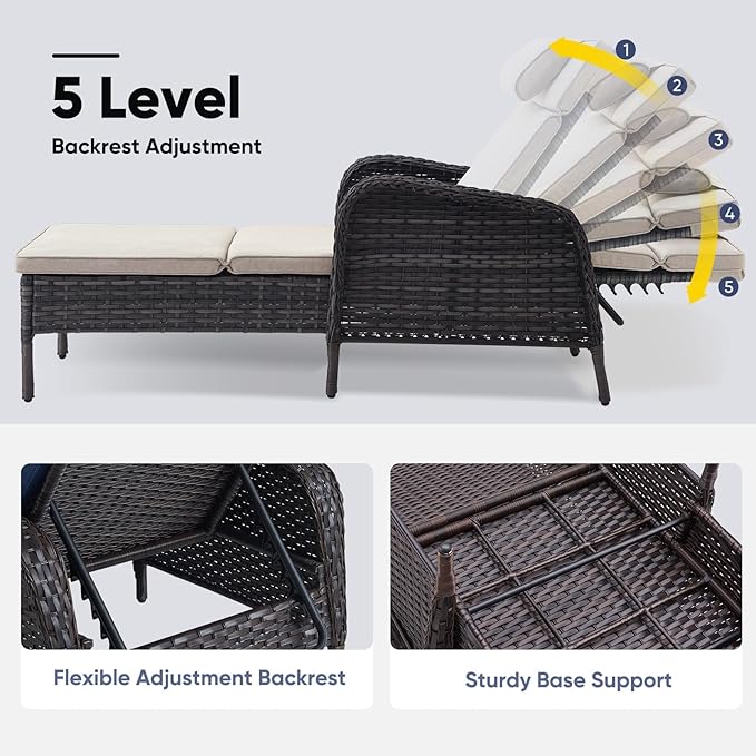 Belord Outdoor Chaise Lounge Patio Recliner - 75 Inch Adjustable Wicker Chaise Lounge with Soft Pillow Removable Cushions, All Weather Rattan Pool Lounge Chair for Poolside Deck Brown/Beige