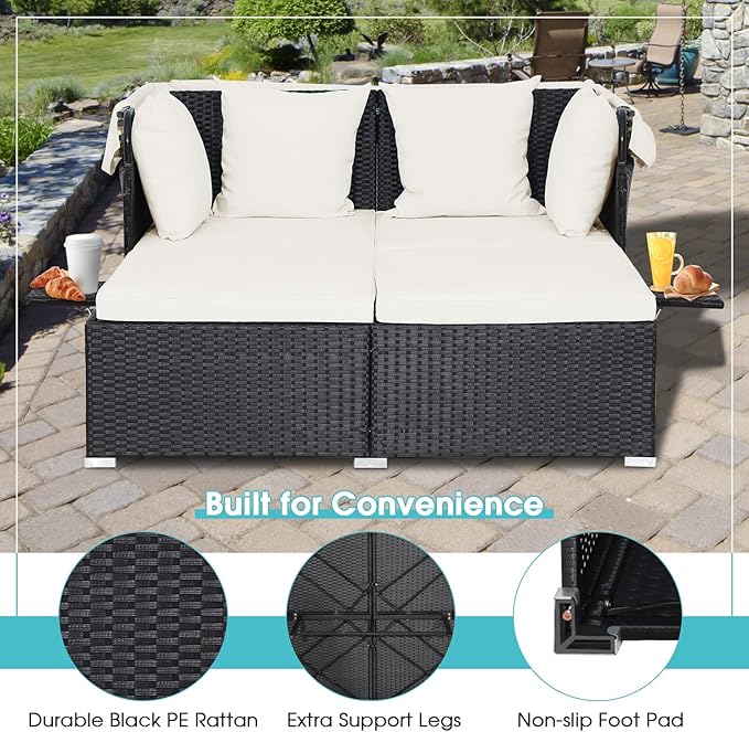 Moccha Outdoor Daybed with Retractable Canopy, Wicker Cabana with 2 Side Tables & Soft Cushions ,Hand-Woven PE Rattan Bed Lounger, Patio Sectional Furniture Set for Garden Backyard Porch (Off White)