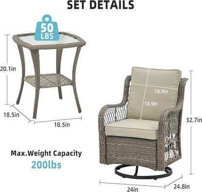 GAOMON 3 Piece Outdoor Patio Set, Wicker Rocking Bistro Set with 2 Swivel Chairs & Tempered Glass Top Table, Rattan Outdoor Furniture with Cushions for Patio Porch Backyard,Gray Rattan/Beige Cushion