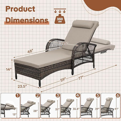 HOMEDIARY Outdoor Wicker Lounge Chair with Cushion, 6-Position Adjustable Patio Chaise Lounge, All Weather Lay Flat Pool Sunbathing Recliner Chair, Armrest and Head Pillow, Fade-Resistant, Beige