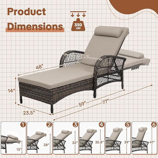 HOMEDIARY Outdoor Wicker Lounge Chair with Cushion, 6-Position Adjustable Patio Chaise Lounge, All Weather Lay Flat Pool Sunbathing Recliner Chair, Armrest and Head Pillow, Fade-Resistant, Beige