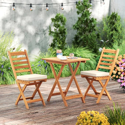 HAPPYGRILL Folding Patio Chairs Set Acacia Wood Outdoor Dining Chairs with Slatted Backrests and Soft Seat Cushions for Porch, Backyard and Garden, 400 LBS Weight Capacity (2,Back Style A)