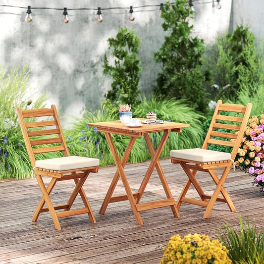 HAPPYGRILL Folding Patio Chairs Set Acacia Wood Outdoor Dining Chairs with Slatted Backrests and Soft Seat Cushions for Porch, Backyard and Garden, 400 LBS Weight Capacity (2,Back Style A)