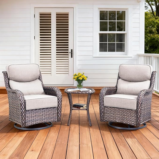 Luxury Outdoor Swivel Rocker Patio Chairs Set of 3, High Back Swivel Patio Chairs with Side Table & 6-Inch Thick Cushions, Wicker Outdoor Bistro Set for Porch, Yard, Deck, Poolside, Brown/Beige