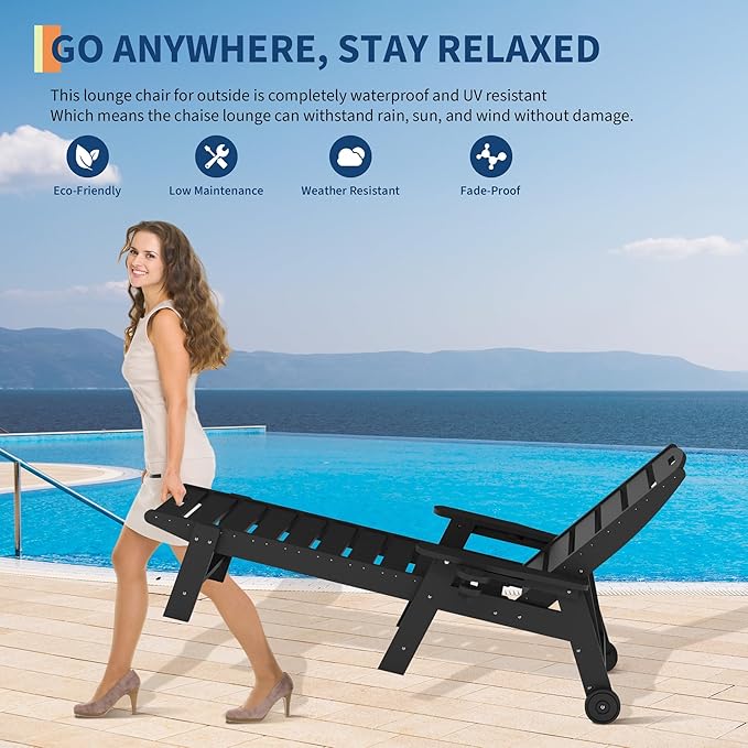 HDPE 5-Position Outdoor Chaise Lounge Chair with Cup Holder and Wheels Set of 2, Resin Pool Lounge Chair for Outside, Adjustable HDPE Patio Loungers for Poolside, Patio, and Garden, Black