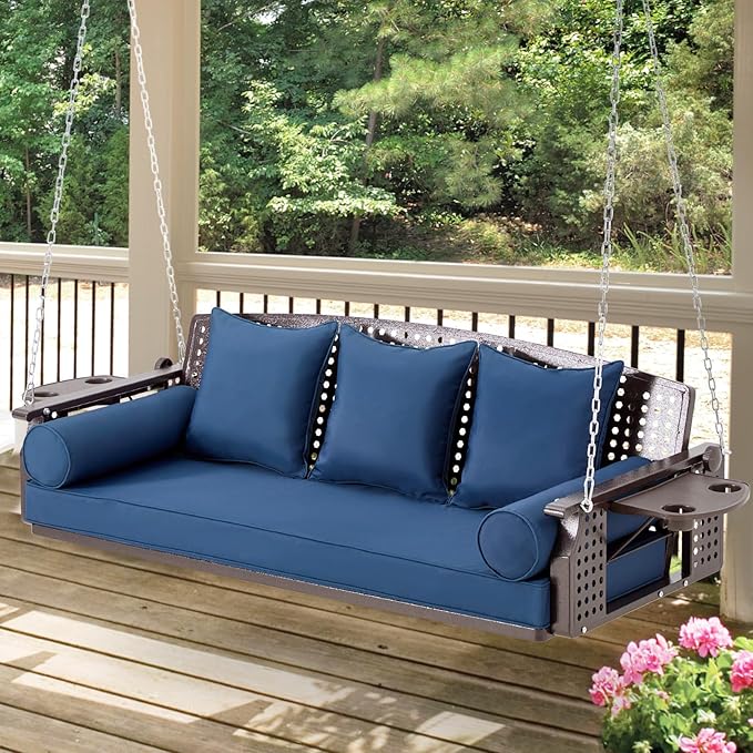 3 Seat Porch Swing, Patio Swing Bench with Cup Holders & 3 Back Cushions - Photo 1