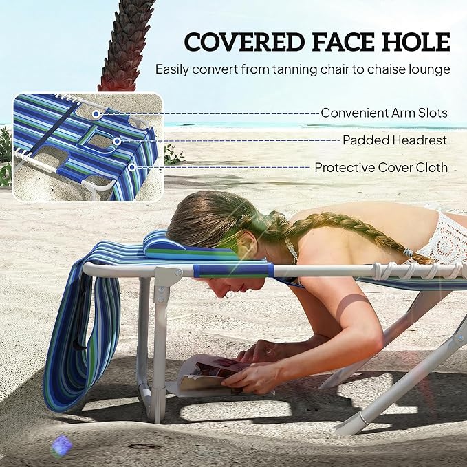 Outsunny Tanning Chair with Face Hole, Side Table, 5-Position Reclining Folding Chaise Lounge Chair Outdoor Lounger Recliner, Carry Straps for Beach Pool Camp, Oxford Fabric, Blue Stripe