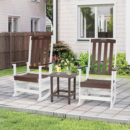 Aoodor Outdoor Rocking Chair, Ergonomic HDPE Rockers with All-Weather Design for Patio or Porch, Clashing Colors, Brown and White,Set of 4