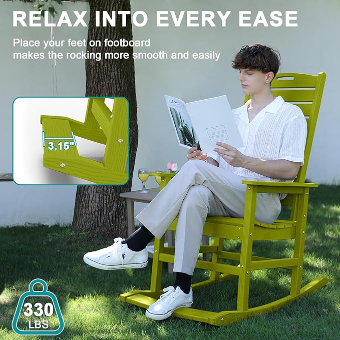 PLUUV Outdoor Rocking Chair with Removable Footboard for Adults, HDPE High Back Patio Rocking Chairs, 330lbs All Weather Porch Rocking Chairs for Outdoor & Indoor -Pistachio Green