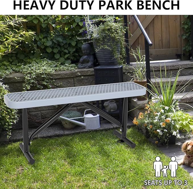 4ft Park Benches for Outside, 48" L Backless Heavy-Duty Commercial Gray Garden Bench with Expanded Steel Mesh Seat, Weatherproof Park Patio Dining Table Bench for Backyard Lawn School Porch Deck