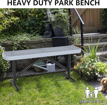 4ft Park Benches for Outside, 48" L Backless Heavy-Duty Commercial Gray Garden Bench with Expanded Steel Mesh Seat, Weatherproof Park Patio Dining Table Bench for Backyard Lawn School Porch Deck