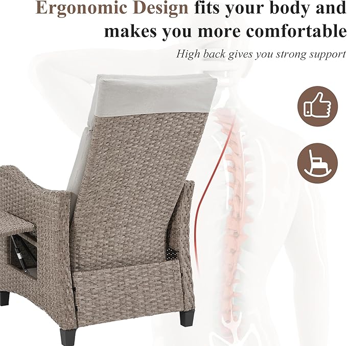 HOMREST Outdoor Recliner Chair with Flip-up Table, Wicker Reclining Chair with 150°Adjustable Backrest, Rattan Armchair with Integrated Footstool & Removable Cushion for Gardens, Light Gray