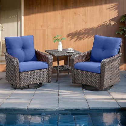 Rilyson Outdoor Patio Swivel Rocker Chairs - 3 PC Wicker Patio Bistro Sets with High Back,Comfy Cushions, Deep Seating and Side Table for Porch Deck Backyard Garden(Brown/Blue)