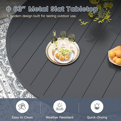 VICLLAX 63" Outdoor Patio Dining Table for 8-10, Metal Round Table with Umbrella Hole for Deck Lawn Garden Backyard, Black
