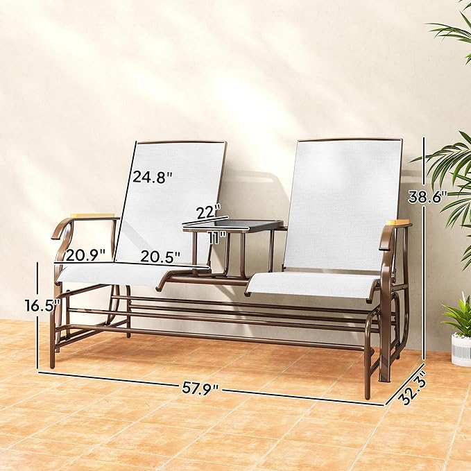 Outsunny 2 Person Outdoor Glider Bench, Patio Swing Glider Chair Loveseat with Breathable Mesh, Table, Steel Frame for Garden, Backyard, Porch, Cream White