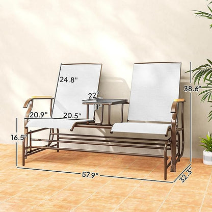 Outsunny 2 Person Outdoor Glider Bench, Patio Swing Glider Chair Loveseat with Breathable Mesh, Table, Steel Frame for Garden, Backyard, Porch, Cream White