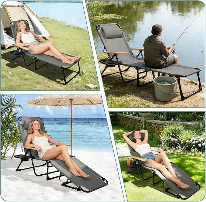 Foldable Chaise Lounge Chair Outdoor, 4-Position Reclining Outdoor Lounge Chairs with Wooden Armrest - Photo 5