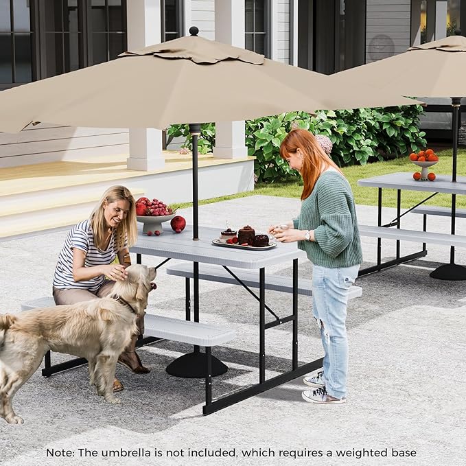 Giantex Picnic Table Bench Set for 4 People, 4.5FT Outdoor Rectangular Dining Table & 2 Benches w/Umbrella Hole - Photo 2