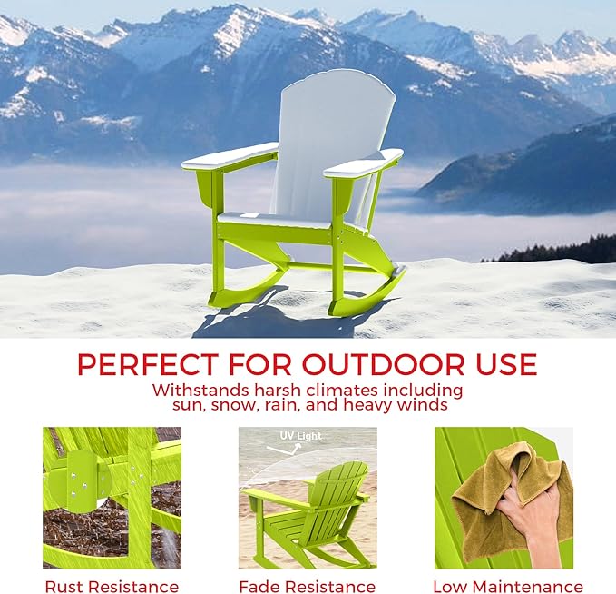 Costaelm Outdoor Adirondack Chair, All Weather Resistant Lawn Chairs Balcony Chair and Fire Pit Chairs, Deck Chairs Outdoor Porch Rocking Chair High Back HDPE Poly Lumber, Lime