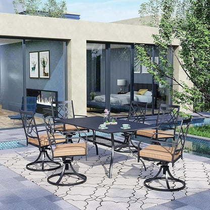 SUNCROWN 7-Pieces Outdoor Dining Set Metal Swivel Cushioned Chairs Patio Furniture Sets with Steel Slat Bistro Table for Backyard, Lawn, Garden, Deck, Poolside