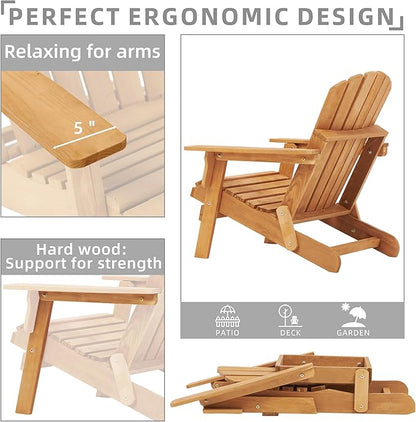 Oversized Outdoor Wooden Folding Adirondack Chair with Retractable Ottoman, Wood Patio Chair with Footrest for Garden Backyard Porch Pool Deck Firepit