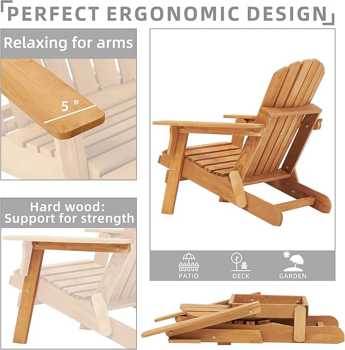 SoliWood Set of 2 Oversized Outdoor Wooden Folding Adirondack Chair with Retractable Ottoman, Wood Patio Chair with Footrest for Garden Backyard Porch Pool Deck Firepit