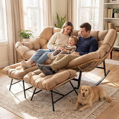 NICESOUL Oversized Double Rocking Papasan Chair with Cushion, 2 Person Big Wicker Outdoor Comfy Recliner, Large Heavy Duty 700 lbs Loveseat for Patio, Balcony, Backyard