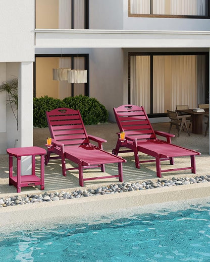 Chaise Lounge Chair Outdoor with Wheels, Adjustable 5-Position Chaise Lounge Outdoor with Wood Texture, Patio Lounge Chair for Poolside Backyard, Red