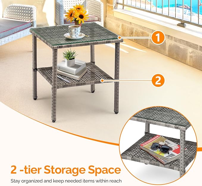 VINGLI Outdoor Wicker Side Table Patio Side Tables for Outside, Tempered Glass Top Wicker Table with Storage End Table for Patio Balcony Porch Deck (Grey)