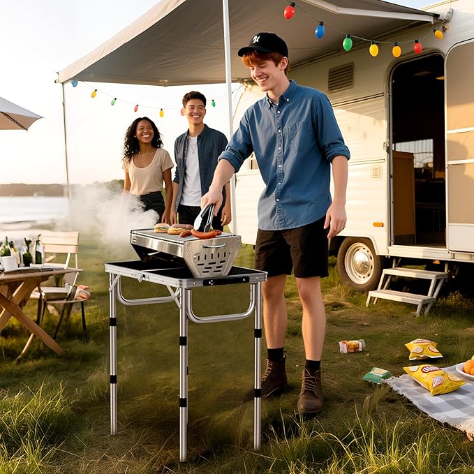 Anbte 2ft Folding Grill Table, Adjustable Height Max 27.5" Aluminum Camping Table, Heat-Resistant Tabletop, Lightweight - Photo 2